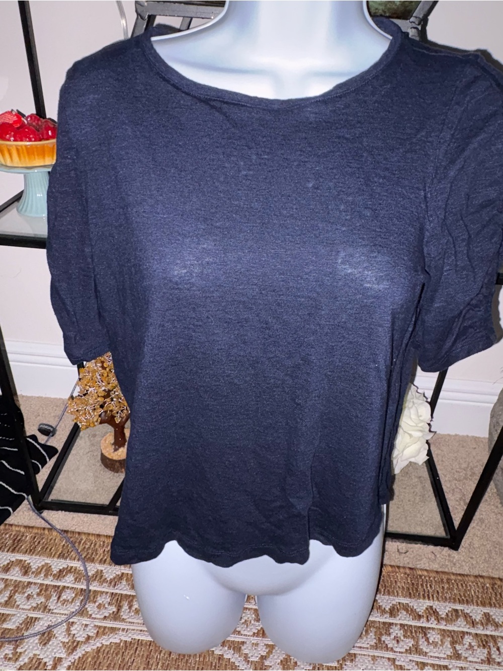 Chicos Size 1-M Royal Blue Short Sleeve 100% Linen Knit Top Coastal Beach Casual